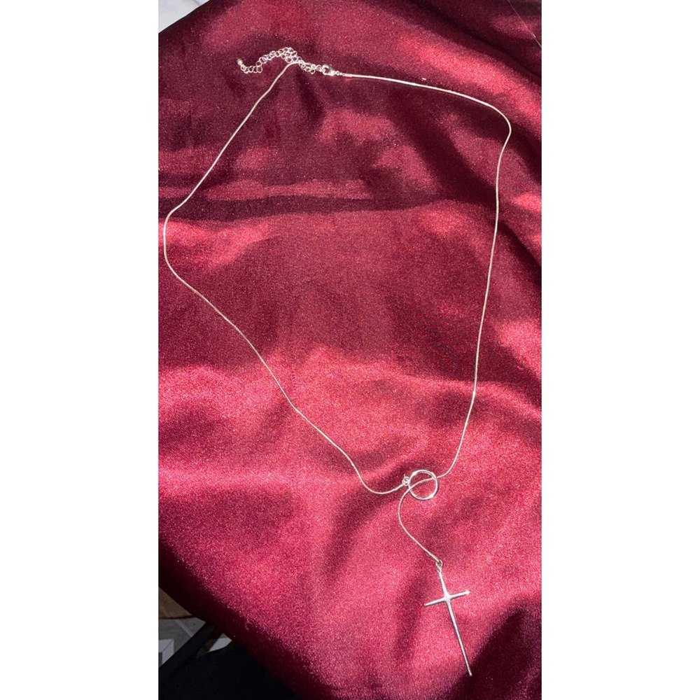 Silver Tone Cross Lariat Necklace Snake Chain Adjustable Drop Minimalist Jewelry